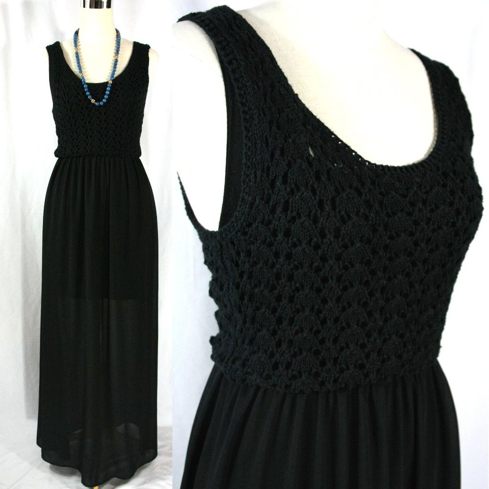 Black Maxi Sundress Crocheted Top Chiffon Bottom Flowy Boho Hippie